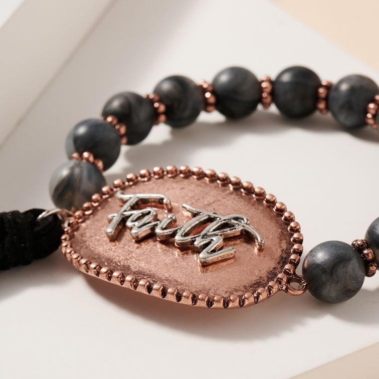 Grey Faith Tassels Stone Beaded Stretch Bracelet 24$